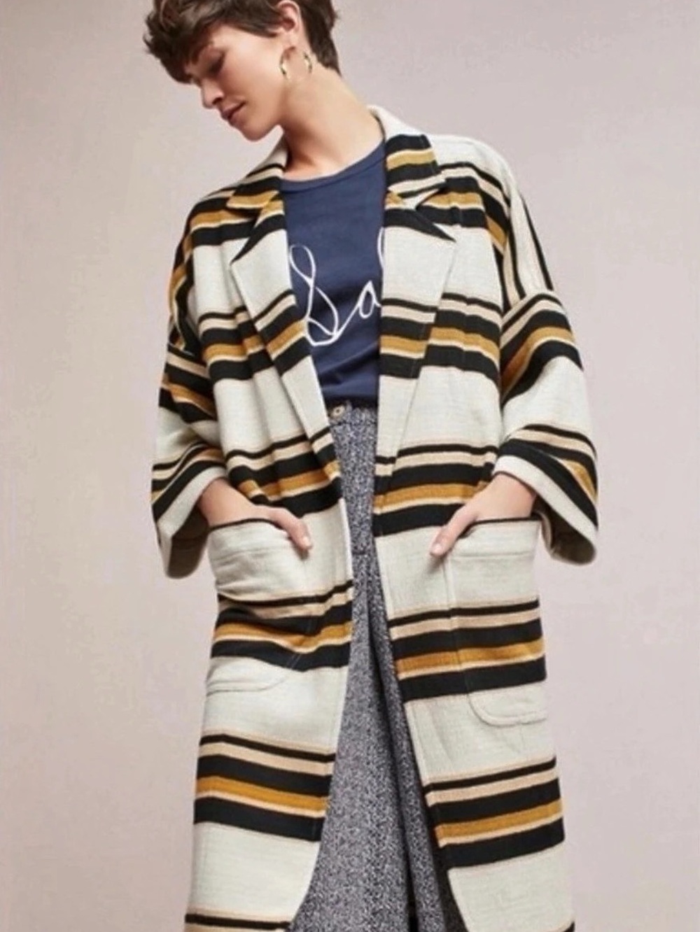 Anthropology The Odells Striped Longline Jacket in White & Black Large